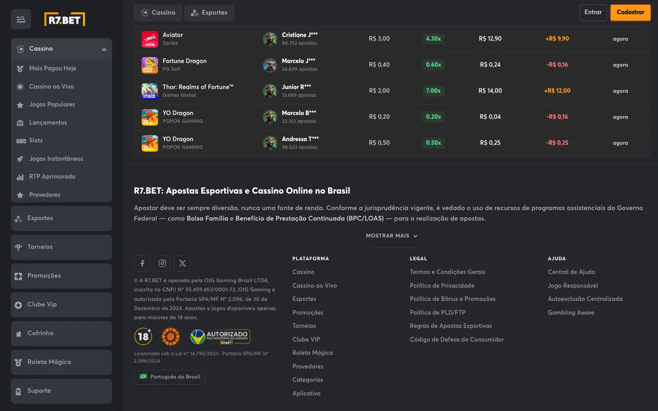 Menu do cassino da R7 BET aberto com categorias como Mais Pagou Hoje, Cassino ao Vivo, Jogos Populares, Lançamentos, Slots, Jogos Instantâneos, RTP Aprimorado e Provedores, e rodapé com dados da operadora