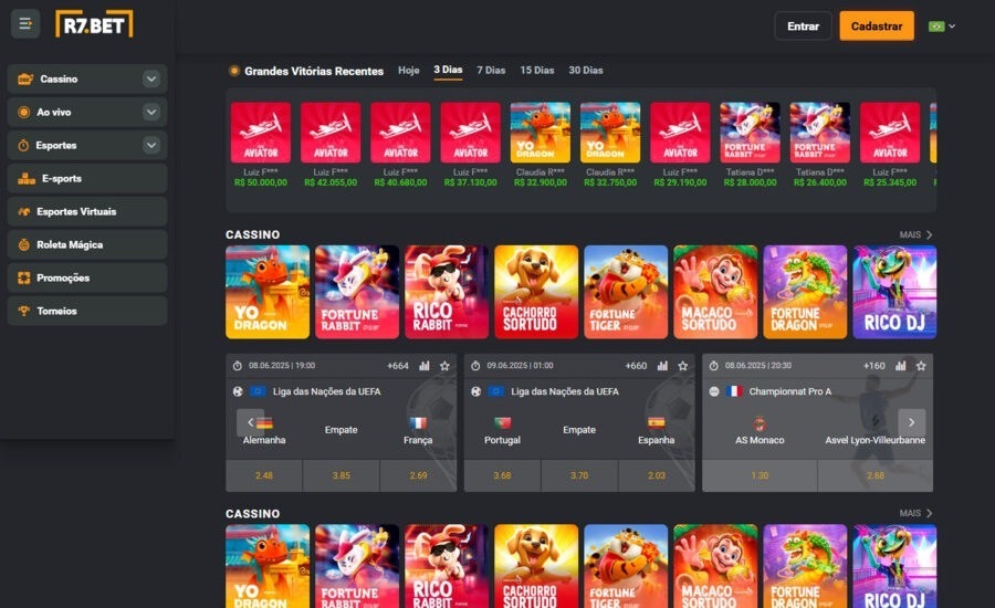 Página inicial da R7 BET no computador com os botões Entrar e Cadastrar no canto superior direito e o menu lateral com Cassino, Ao vivo, Esportes, E-sports, Promoções e Torneios