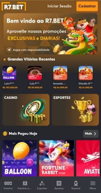 Página inicial da R7 BET no celular com botões Iniciar Sessão e Cadastrar, blocos Casino e Esportes e barra de navegação inferior