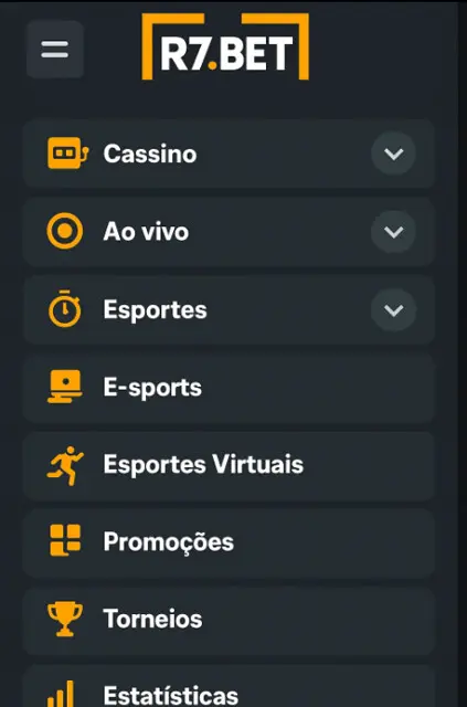 Menu da R7 BET no celular com os itens Cassino, Ao vivo, Esportes, E-sports, Esportes Virtuais, Promoções, Torneios e Estatísticas