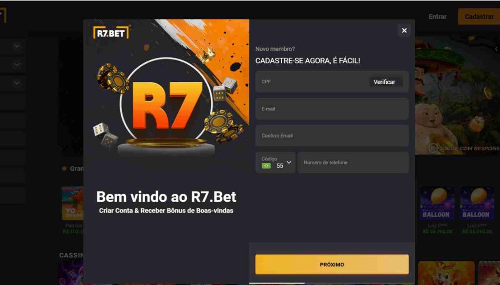 Formulário Cadastre-se agora da R7 BET com campos CPF com botão Verificar, E-mail, Confirm Email, código +55, número de telefone e botão Próximo